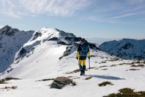 Rückansicht eines nicht wiedererkennbaren Bergsteigers, der bei sonnigem Wetter am Hang einer schneebedeckten felsigen Bergkette wandert — Stockfoto