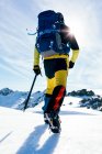 Back view of crop anonymous mountaineer in boots with crampons climbing snowy mountain slope in sunny day in highlands — Stock Photo