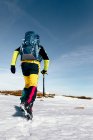Вид ззаду на невідомий альпініст, що йде на схилі снігу, покритий скелястим гірським хребтом у сонячну погоду — стокове фото