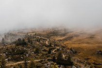Von oben Drohnenblick auf gebogene Asphaltstraße, die durch grüne bewaldete Hänge der Dolomiten in Italien verläuft — Stockfoto