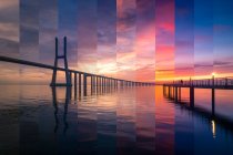 Vista espetacular das pontes sobre o rio Tejo ondulado sob céu colorido ao pôr-do-sol em Lisboa Portugal — Fotografia de Stock