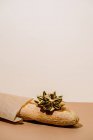 Composizione minimalista di nature morte con pane fresco artigianale in confezione di carta con fiocco regalo dorato sul tavolo — Foto stock