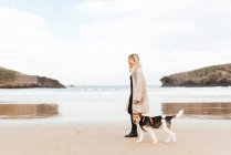 Вид збоку на жіночу прогулянку з одомашненою собакою на піщаному узбережжі океану проти башти — стокове фото