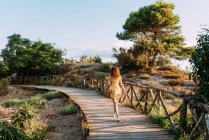 Back view of unrecognizable female in dress walking up wooden pathway in nature on sunny day in summer — Stock Photo