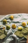 Maturare fichi verdi dolci, appena raccolti da un albero domestico, sulla tovaglia blu pastello. Frutta sana e biologica. Conosciuto anche come fichi bianchi maturi — Foto stock
