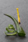 Piece and leaf of aloe vera with syringe placed on gray background in studio — Stock Photo