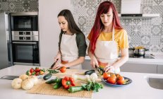 Namoradas homossexuais cortando pepino enquanto prepara comida vegetariana saudável à mesa em casa — Fotografia de Stock