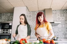 Homosexuelle Freundinnen schneiden Gurken beim Zubereiten von gesundem vegetarischem Essen am Tisch im Haus — Stockfoto