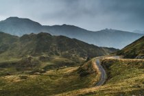 Pintoresco paisaje de ruta vacía rodeado de hierba seca y verde en terreno montañoso del Valle de Aran en España bajo un cielo gris nublado - foto de stock