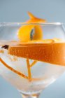 Verre transparent de cocktail highball décoré de zeste d'agrumes et clou de girofle contre les ombres au soleil — Photo de stock