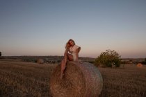 Tranquillo femminile in abito elegante seduto sul pagliaio in campo asciutto in zona rurale — Foto stock