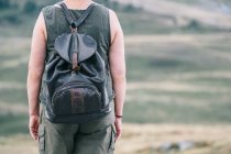 Vue arrière d'une randonneuse anonyme avec sac à dos debout sur une colline en terrain montagneux et admirant un paysage pittoresque — Photo de stock