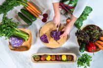 Von oben zugeschnittene, unkenntlich gemachte Frau schneidet Rotkohl mit Messer bei der Zubereitung vegetarischer Speisen am Tisch im Loft-Stil — Stockfoto