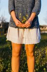 Femme de culture méconnaissable debout avec un bouquet de fleurs sauvages jaunes douces dans la prairie en fleurs au printemps au coucher du soleil — Photo de stock