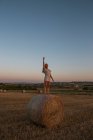 Cheerful female in elegant dress standing on haystack in dry field in rural area and looking at camera — Stock Photo
