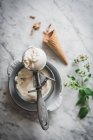 Сверху вафельного рожка возле безе молочное мороженое и свежие мятные листья на мраморном столе — стоковое фото