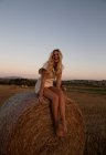 Femme gaie en robe élégante assise sur une botte de foin dans un champ sec en zone rurale et regardant la caméra — Photo de stock