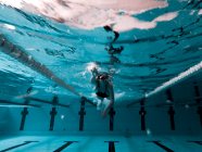 Mujer arrastrándose en una piscina preparándose para una competencia - foto de stock