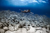Боковой вид полного тела женщины в водолазных масках, купающейся под водой возле школы рыб и песчаного дна — стоковое фото