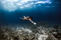 Боковой вид полного тела женщины в водолазных масках, купающейся под водой возле школы рыб и песчаного дна — стоковое фото