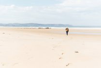 Обратный вид на неузнаваемую старшую женщину-треккера, идущую по песчаному берегу против бесконечного моря во время путешествия — стоковое фото