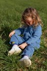 Высокий угол зрения симпатичного счастливого ребенка, сидящего в зеленом поле в солнечный день, играющего с травой летом — стоковое фото