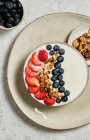 Blick auf leckere gesunde Frühstücksschüssel mit weißem Joghurt und frischen Erdbeeren und Blaubeeren mit Müsli — Stockfoto