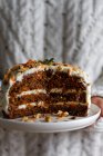 Урожай анонімний кухар тримає тарілку зі смачним тортом з вершковим сиром та вологим печивом, прикрашеним подрібненими горіхами та морквяними скибочками — стокове фото