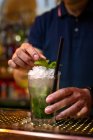 Mani di barista irriconoscibile decorazione cocktail di mojito con foglie di menta nel bar — Foto stock