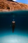 Turista donna in costume da bagno nuotare nel mare pulito e trasparente durante le vacanze nella soleggiata località tropicale — Foto stock