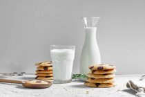 Yummy homemade freshly baked cookies with chocolate chips served with glass of milk on table — Stock Photo