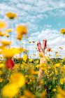 Crop unrecognizable female in bright footwear lying with crossed legs among blossoming daisies under cloudy blue sky in countryside — Stock Photo