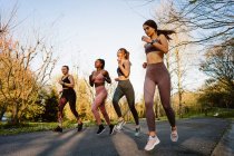 Smiling multiracial female runners in activewear jogging and talking during cardio training on walkway in town — Stock Photo