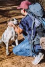 Seitenansicht Hochwinkel des männlichen Nomaden mit Habseligkeiten im Rucksack streichelt Mischlingshund sitzt auf Bunkern — Stockfoto