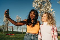 Niedriger Winkel von fröhlichen multirassischen besten Freundinnen, die sich im Frühlingsgarten umarmen und an sonnigen Tagen Selbstaufnahmen mit dem Smartphone machen — Stockfoto