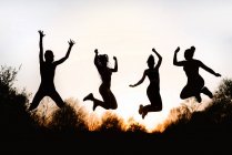 Знизу силуети жінок, які стрибають над землею проти неба на заході сонця в парку — стокове фото