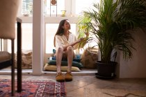 Молода спокійна жінка в повсякденному одязі видаляє сухе листя пишної кімнатної рослини, сидячи на подушках біля вікна вдома — стокове фото