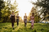 Confident fit multiracial female athletes walking with mat along lawn during training in summer park in evening — Stock Photo