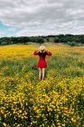 Back view anonymous trendy female in red sundress standing on blossoming field with yellow and red flowers and touching hat on warm summer day — Stock Photo
