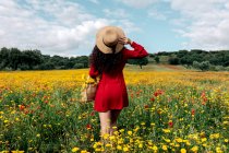 Анонимная модная женщина в красном сарафане и сумочке, стоящая на цветущем поле с желтыми и красными цветами и трогательная шляпа в теплый летний день — стоковое фото