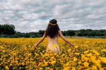 Back view of anonymous naked brunette in flower wreath enjoying meadow with blossoming daisies under cloudy sky in summer — Stock Photo