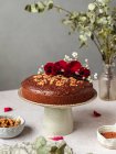 Delicious biscuit chocolate cake garnished with flower buds and nuts served on stand on table — Stock Photo