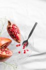 Bright tasty fresh pomegranate with ripe seeds and blooming flower sprig on transparent stand on crumpled fabric — Photo de stock