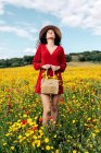 Desde abajo feliz hembra en vestido rojo, sombrero y bolso de pie con los ojos cerrados en el campo de flores con flores amarillas y rojas disfrutando en el cálido día de verano primavera - foto de stock