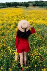 Back view anonymous trendy female in red sundress and handbag standing on blossoming field with yellow and red flowers and touching hat on warm summer day — Stock Photo