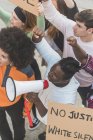 From above of crowd of multiracial people with posters screaming during Black Lives Matter demonstration in city — Photo de stock