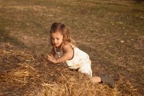 Vista lateral de la niña curiosa en overoles escalando paca de paja mientras juega por la noche en el campo - foto de stock