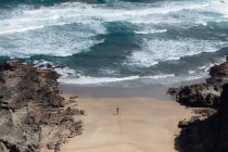 Dall'alto vista posteriore di viaggiatore femminile anonimo che ammira l'oceano schiumoso da spiaggia sabbiosa tra montagne — Foto stock
