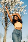 Baixo ângulo de sonho afro-americano fêmea de pé com braços levantados no florescente parque primaveril e desfrutando de tempo ensolarado com olhos fechados — Fotografia de Stock