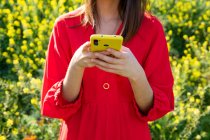 Crop female in red apparel text messaging on cellphone against blossoming plants in sunlight — Stock Photo